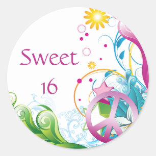 Sweet 16 Pink Peace Sign Tropical Floral Birthday Classic Round Sticker