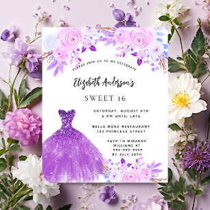 Sweet 16 pink purple flowers dress invitation