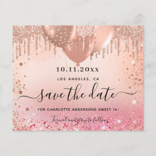 Sweet 16 pink rose gold budget save the date flyer