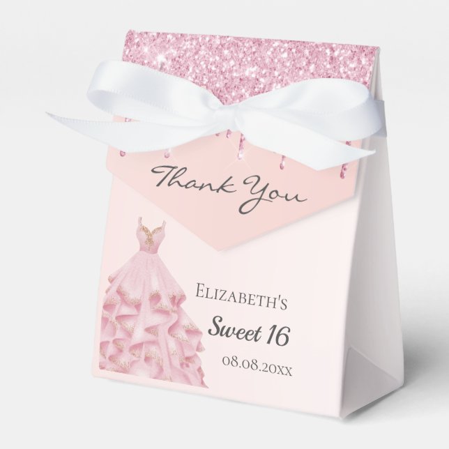 Sweet 16 pink rose gold glitter dress thank you favour box (Front Side)