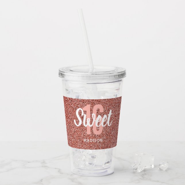 Sweet 16 Pink Rose Gold Glitter Personalised Acrylic Tumbler (Front Ice)