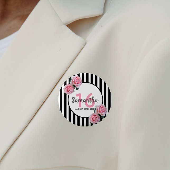 Sweet 16 pink roses black white stripes 6 cm round badge (Creator Uploaded)