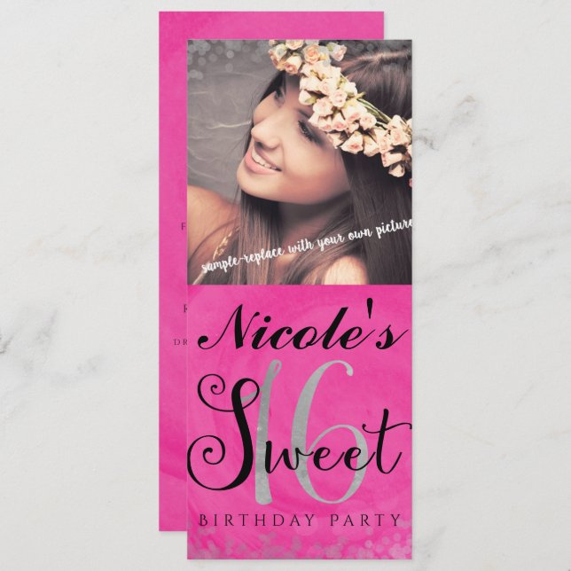 Sweet 16 Pink Silver & Black Photo Invitation (Front/Back)