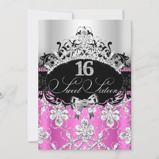 Sweet 16 Pink Silver Sparkle Tiara Birthday Invite (Front)