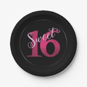 Sweet 16   Pink Watercolor and Faux Glitter Party Paper Plate