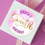 Sweet 16 Pink Watercolor Gold Glam Script Birthday Classic Round Sticker<br><div class="desc">“Happy Sweet 16”. Celebrate her birthday with this stunning, simple, festive, personalised round sticker. Sparkly gold faux foil tiny confetti glitter dots and typography script, along with dark hot pink modern type, overlay a soft pink watercolor background. Personalise the custom text with your daughter’s name. Great for the budding fashionista...</div>