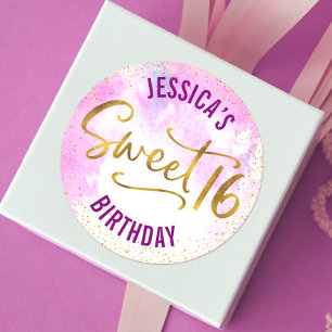 Sweet 16 Pink Watercolor Gold Glam Script Birthday Classic Round Sticker