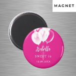 Sweet 16 pink white balloons party magnet<br><div class="desc">For a Sweet 16,  16th birthday party.  A trendy pink background decorated with white balloons.   The name is written with a modern hand lettered style script.  Personalise and add a name and date.</div>