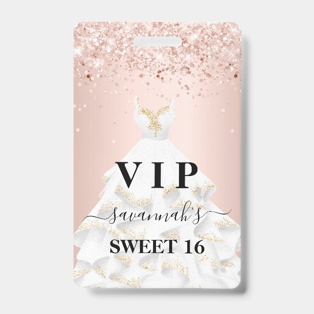 Sweet 16 pink white dress name vip ID badge (Front)