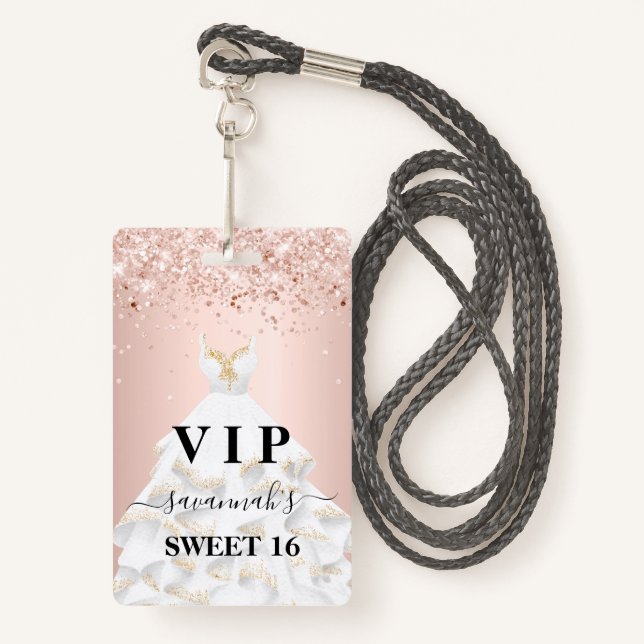 Sweet 16 pink white dress name vip ID badge (Front with Lanyard)