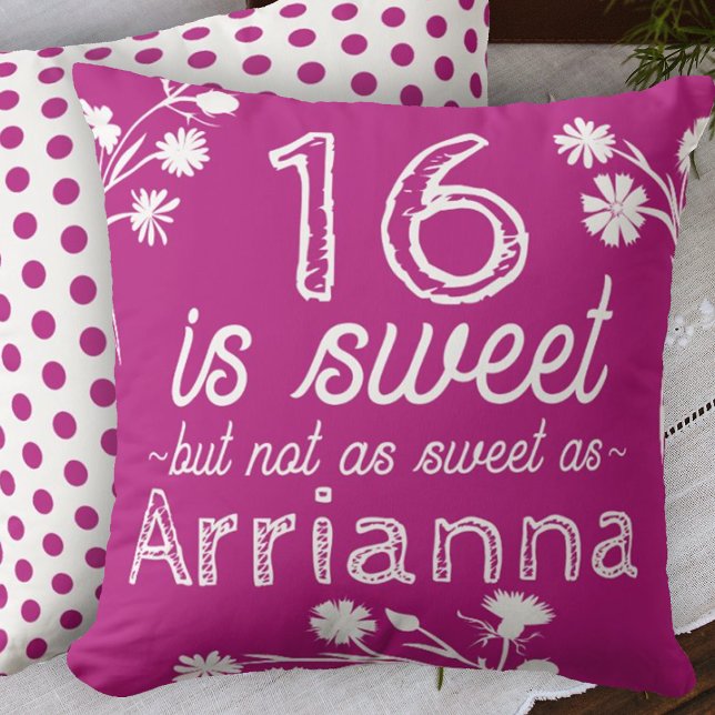 Sweet 16 Pink, White Flowers Personalised Cushion (hot pink magenta sweet 16 sixteen throw pillow personalized sixteen name message cute polka dots)