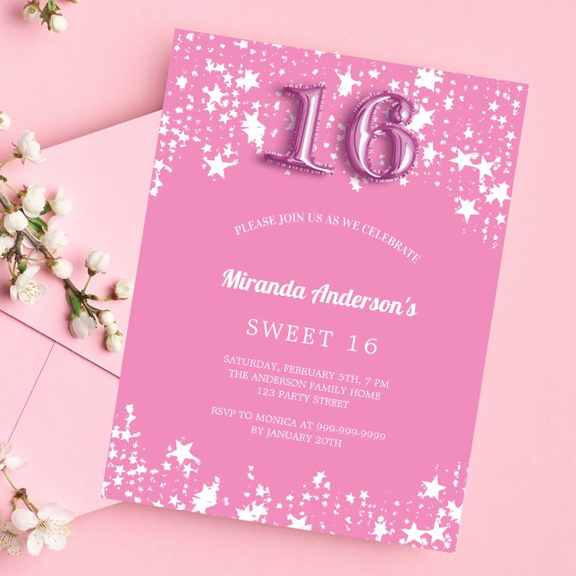 Sweet 16 pink white stars budget invitation (Creator Uploaded)