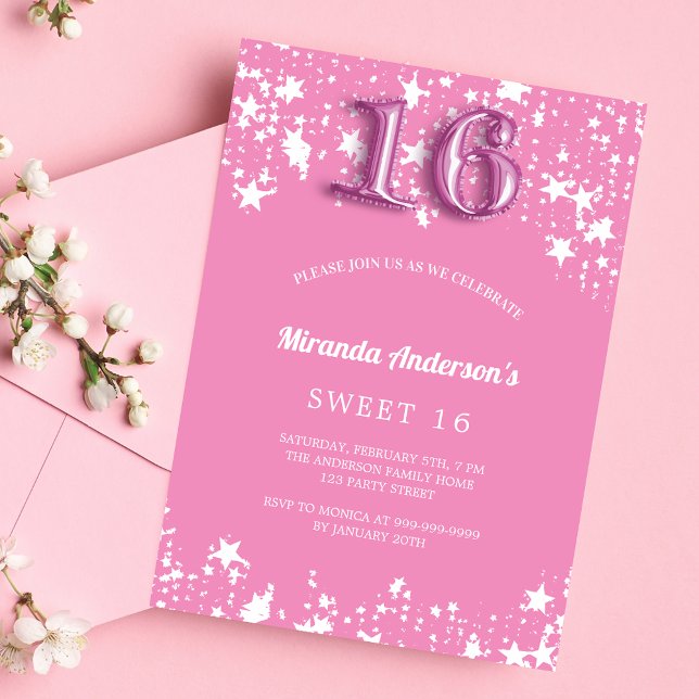 Sweet 16 pink white stars girl invitation (Creator Uploaded)