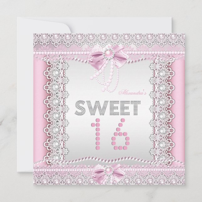 Sweet 16 Pretty Pink White Pearls Lace Bow Invitation (Front)
