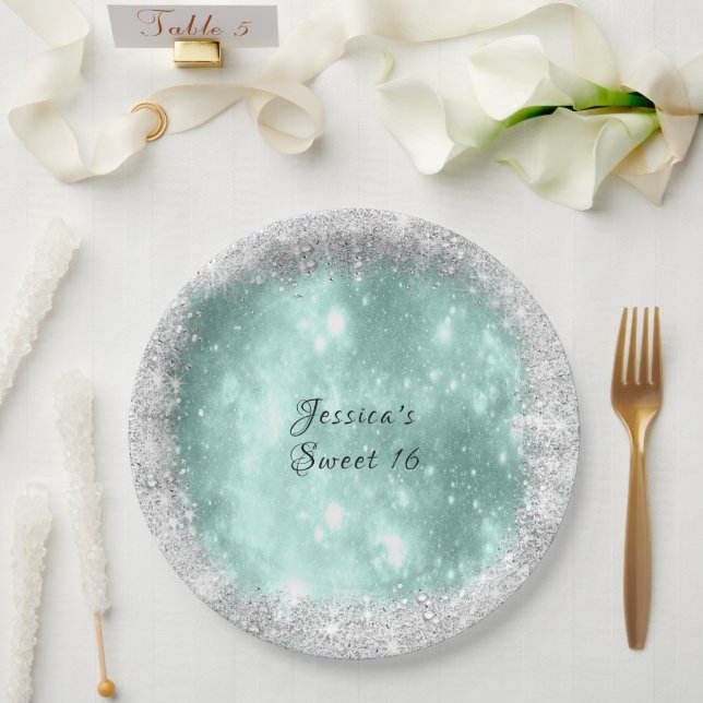 Sweet 16 Pretty Turquoise Sparkle, Silver Glitter  Paper Plate (Wedding)