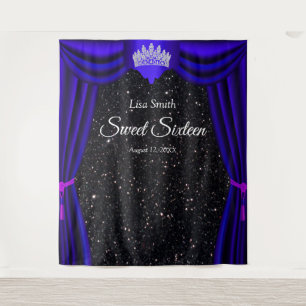 Sweet 16 Princess Crown Blue Curtain Black Glitter Tapestry