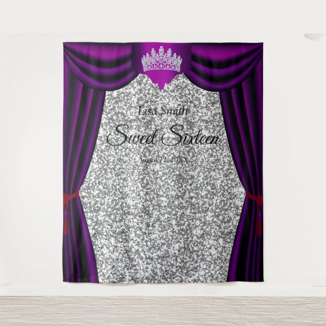 Sweet 16 Princess Crown Purple Curtain Silver  Tapestry (Front)