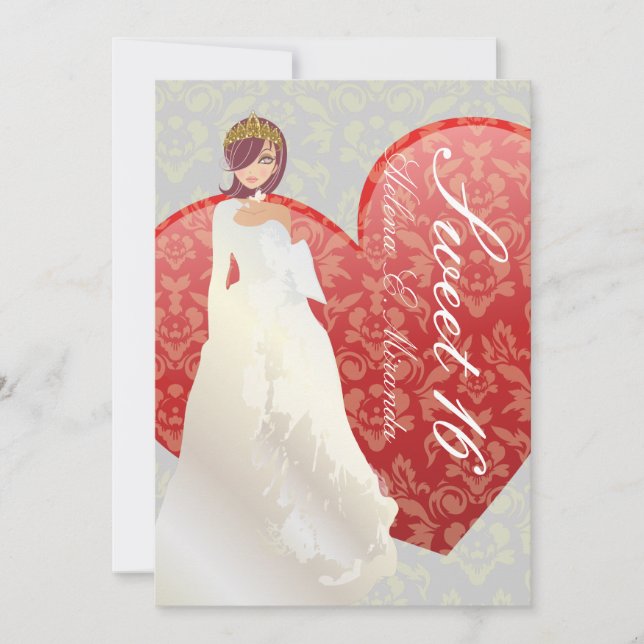 Sweet 16/ princess + heart damask invitation (Front)