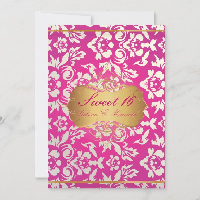 Sweet 16/ princess/pearl damask/pink invitation (Front)
