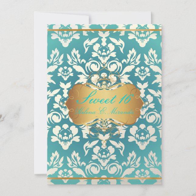 Sweet 16/ princess/pearl damask/teal invitation (Front)