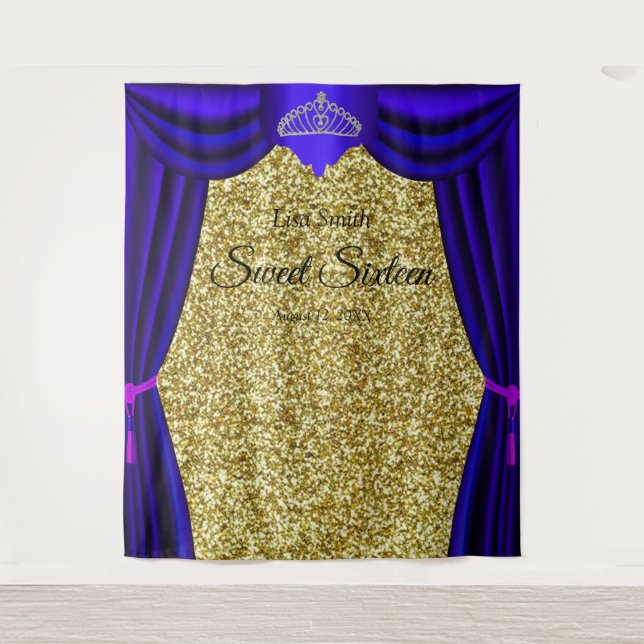 Sweet 16 Princess Tiara Blue Curtain Gold Glitter  Tapestry (Front)