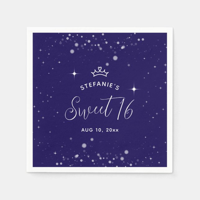 Sweet 16 Princess Tiara Crown Navy Blue Birthday Napkin (Front)