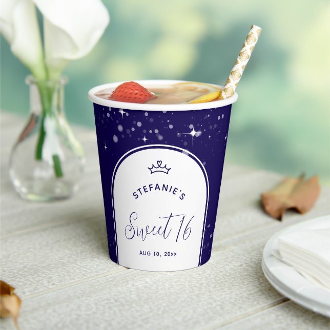 Sweet 16 Princess Tiara Crown Navy Blue Birthday Paper Cups (Insitu)