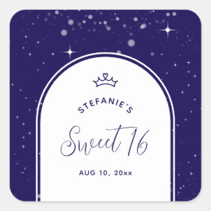 Sweet 16 Princess Tiara Crown Navy Blue Birthday Square Sticker