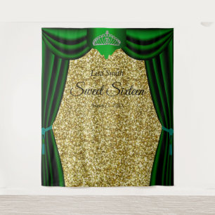 Sweet 16 Princess Tiara Green Curtain Gold Glitter Tapestry
