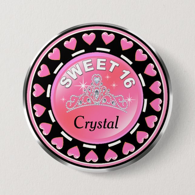 Sweet 16 Princess Tiara Love Hearts | pink 7.5 Cm Round Badge (Front)