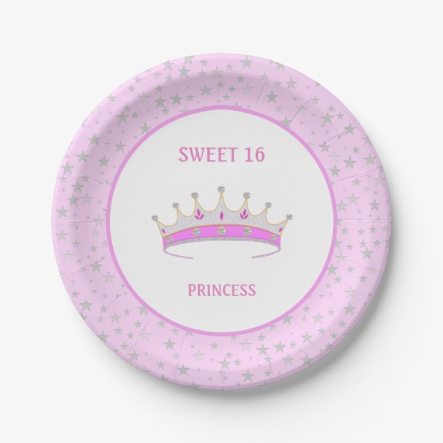 Sweet 16 Princess Tiara & Stars Confetti Paper Plate (Front)