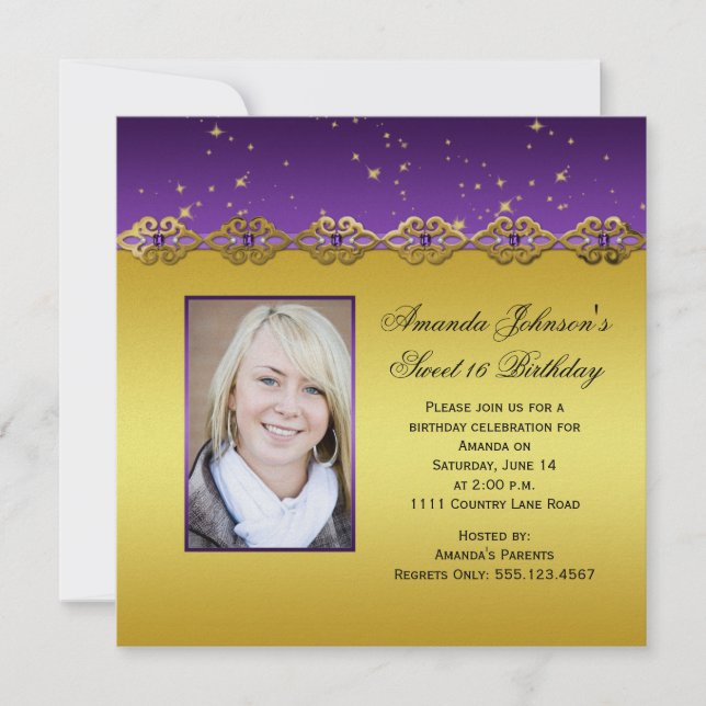 Sweet 16 Purple and Gold Amethysts Stars Invitation (Front)