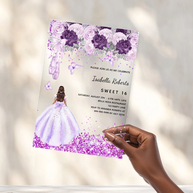 Sweet 16 purple ballerina dress florals clear acrylic invitations (Creator Uploaded)