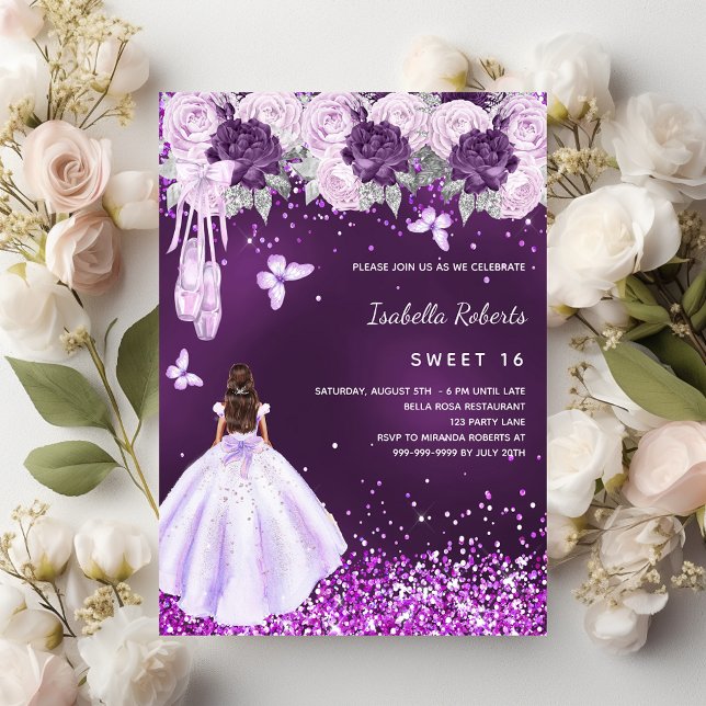 Sweet 16 purple ballerina dress florals invitation (Creator Uploaded)