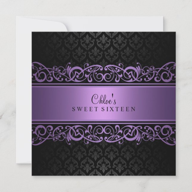 Sweet 16 | Purple & Black Damask Invitation (Front)