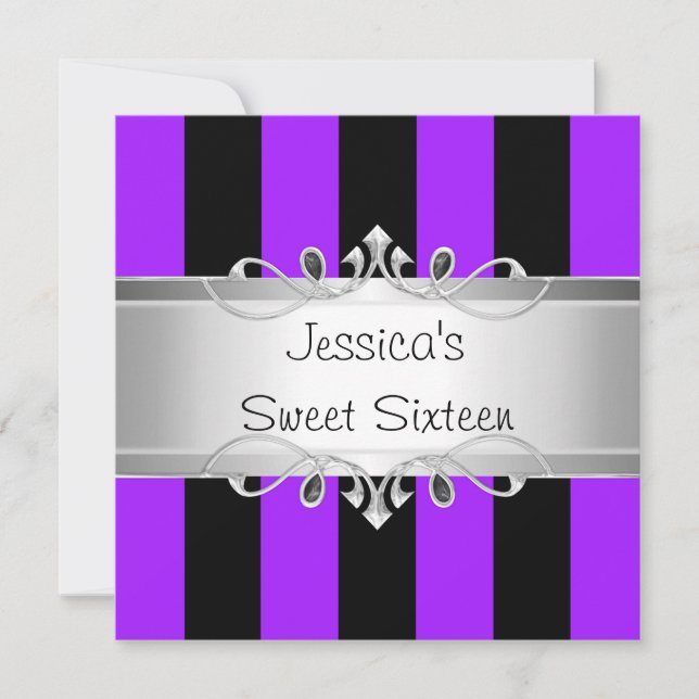 Sweet 16 Purple Black Stripes Silver Jewel Party Invitation (Front)