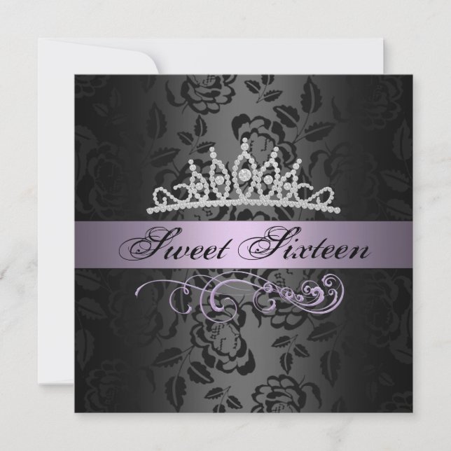 Sweet 16 Purple/Black Tiara Birthday Invitation (Front)