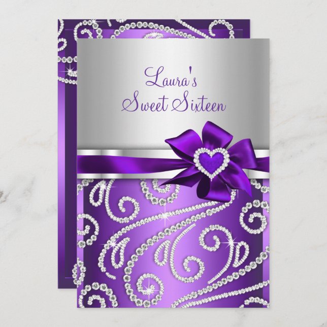 Sweet 16 Purple Bow Sparkle Diamond Party 🎉 Invitation (Front/Back)