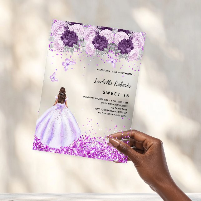 Sweet 16 purple dress pink florals clear acrylic invitations (Creator Uploaded)