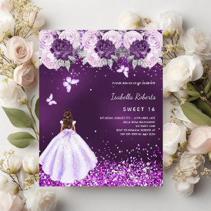 Sweet 16 purple dress pink florals invitation