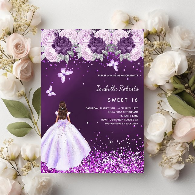 Sweet 16 purple dress pink florals invitation (Creator Uploaded)