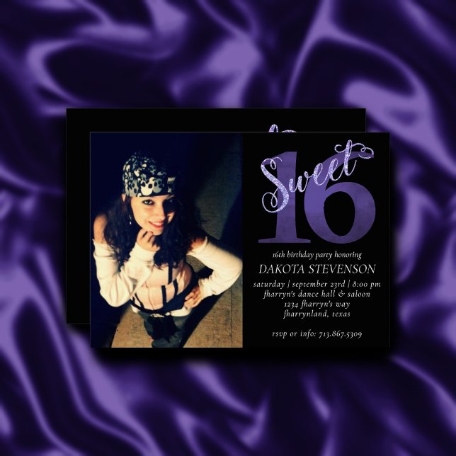 Sweet 16 | Purple Faux Glitter Photo Keepsake Invitation (Creator Uploaded)
