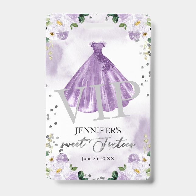 Sweet 16 Purple Floral Dress 16 VIP Birthday ID Badge (Front)