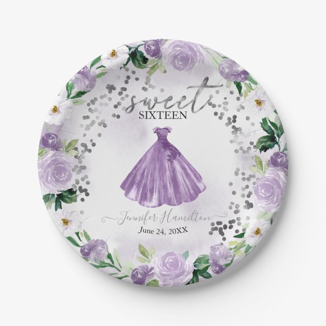 Sweet 16 Purple Floral Dress Paper Plates (Front)