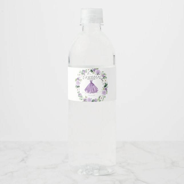 Sweet 16 Purple Floral Dress Water Bottle Label (Front)