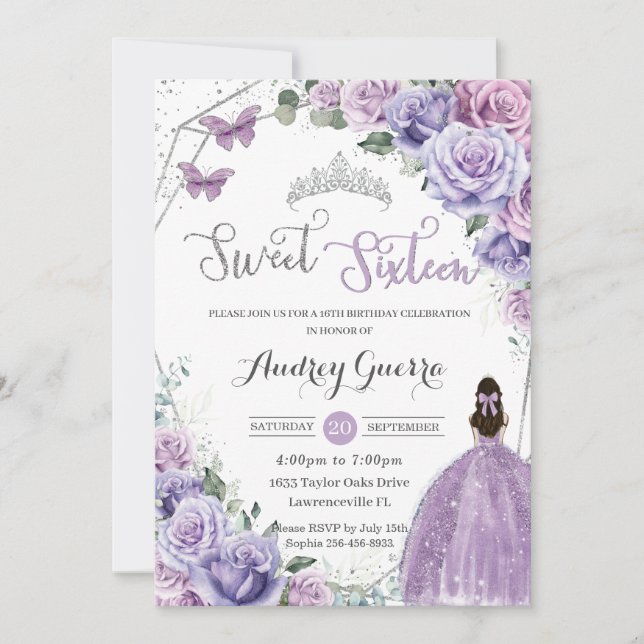 Sweet 16 Purple Floral Princess Silver Birthday Invitation (Front)