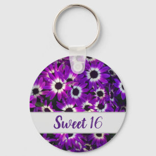 Sweet 16 Purple Flower Photo Pretty Birthday Key Ring