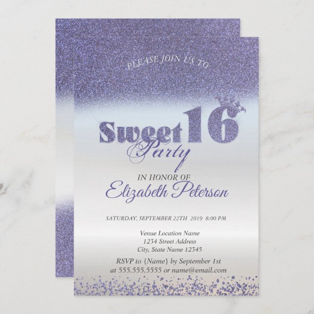 Sweet 16 Purple Glitter Bokeh Ombre,Glitter Tiara Invitation (Front/Back)