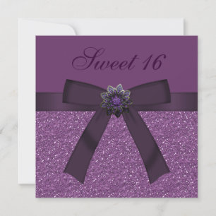 Sweet 16 Purple Glitter & Flower Jewel Invites