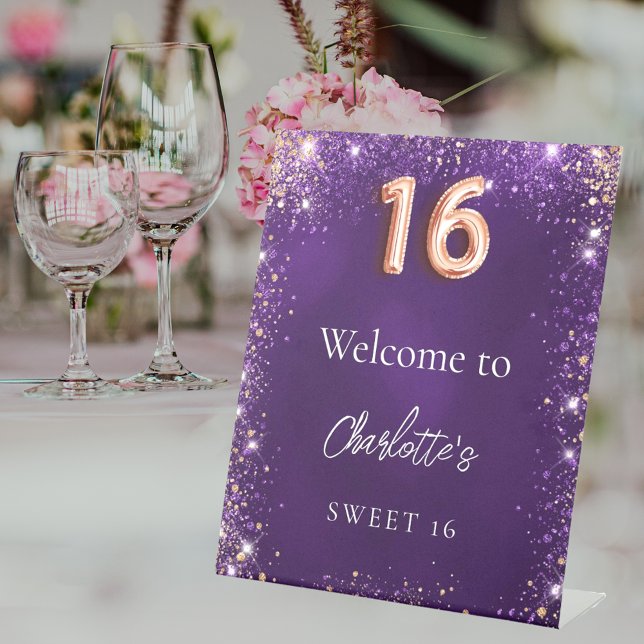 Sweet 16 purple glitter sparkles welcome pedestal sign (Creator Uploaded)
